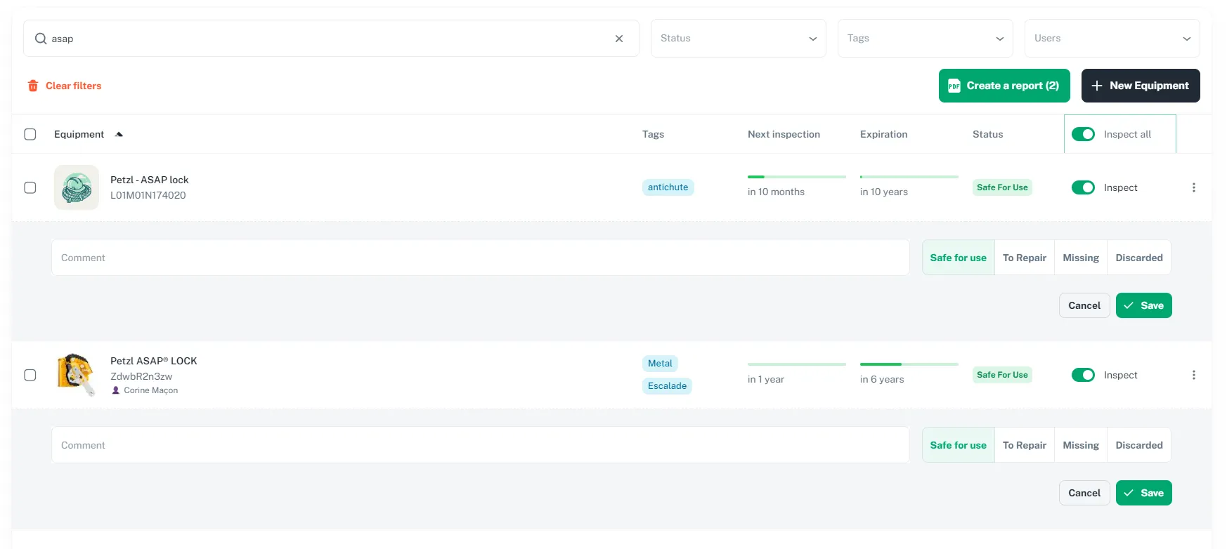Controllo massivo dei DPI in GearTracker con stati sicuro all'uso, da riparare, mancante o scartato e commento per attrezzatura