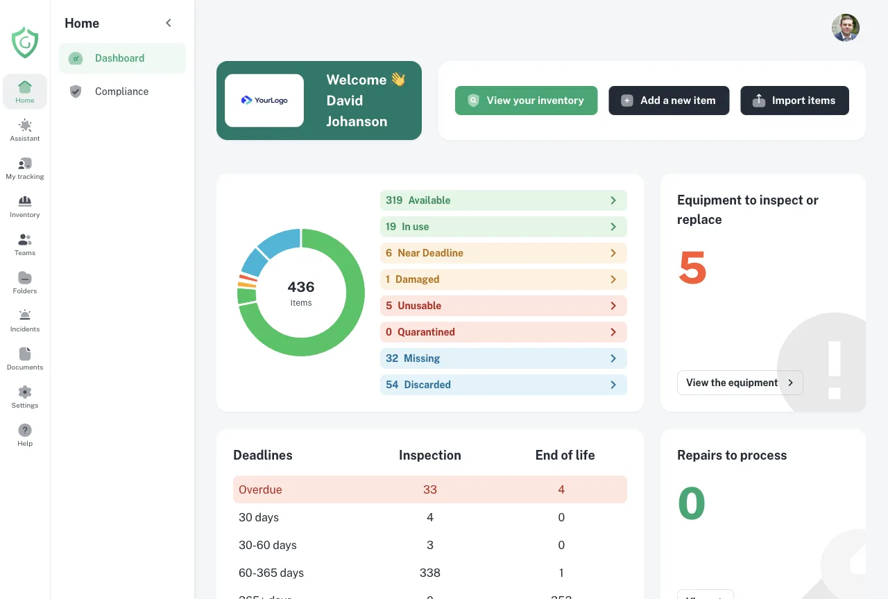 GearTracker dashboard: equipment status, inspections and upcoming deadlines