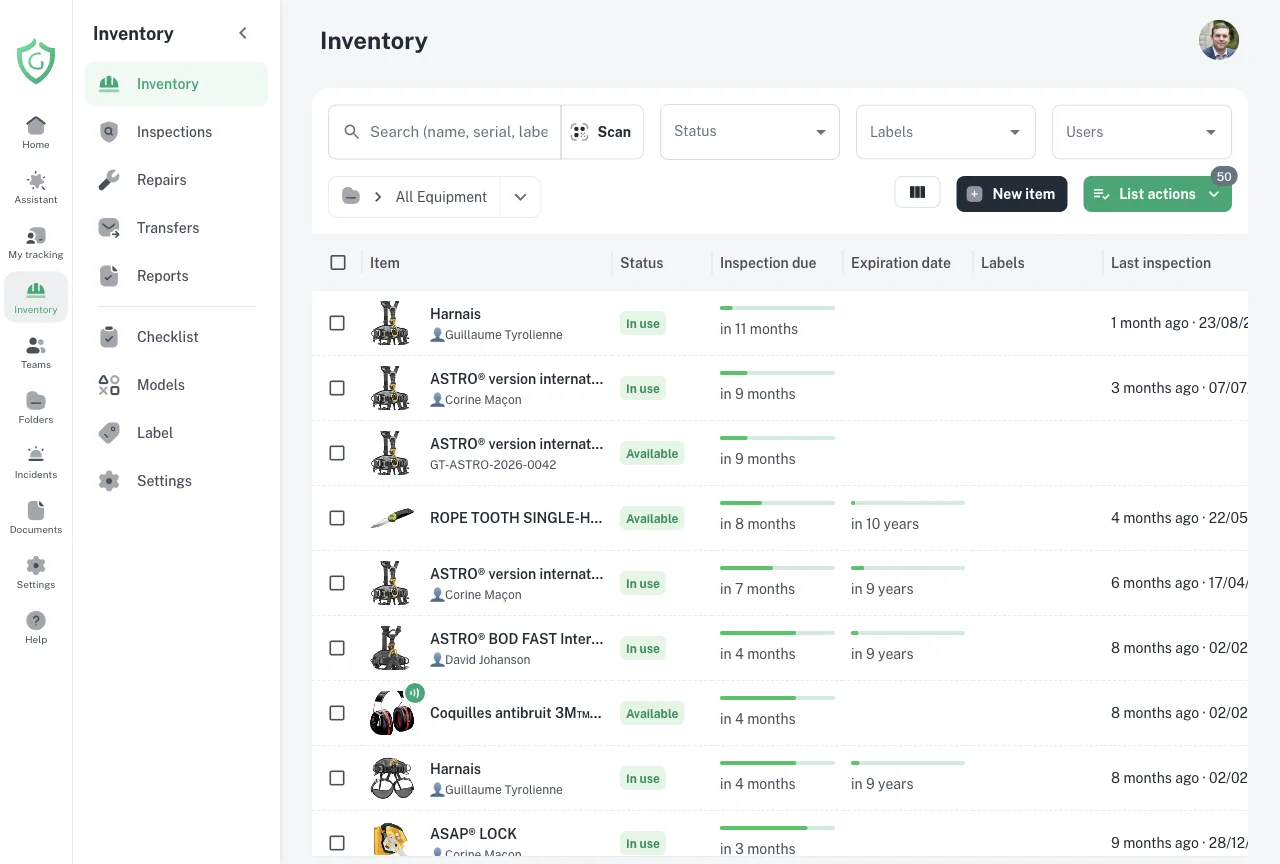 GearTracker equipment list: status, next inspection and expiry date of each item