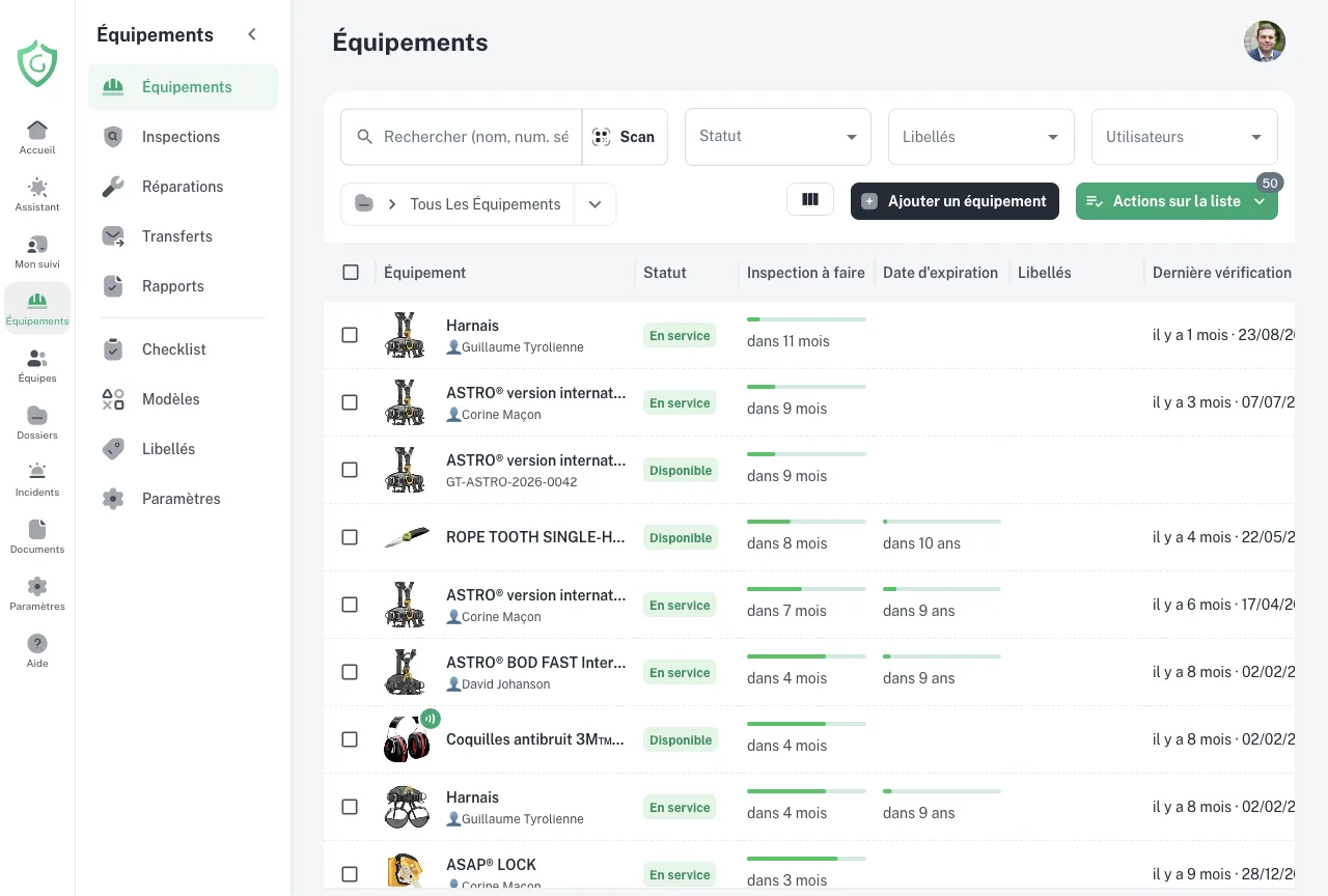 Liste des équipements GearTracker : statut, prochaine inspection et date d'expiration de chaque EPI