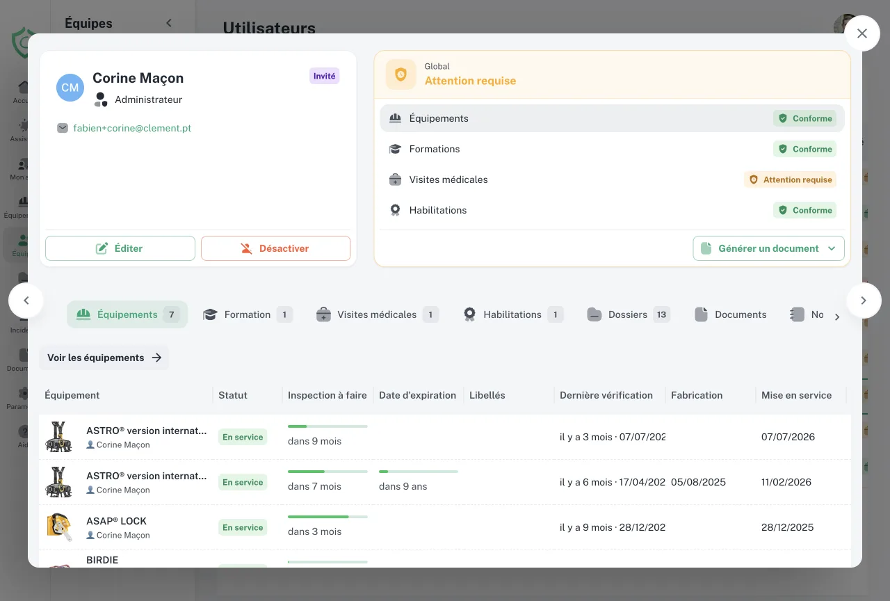 Fiche d'une personne dans GearTracker : conformité de ses équipements, formations, visites médicales et habilitations