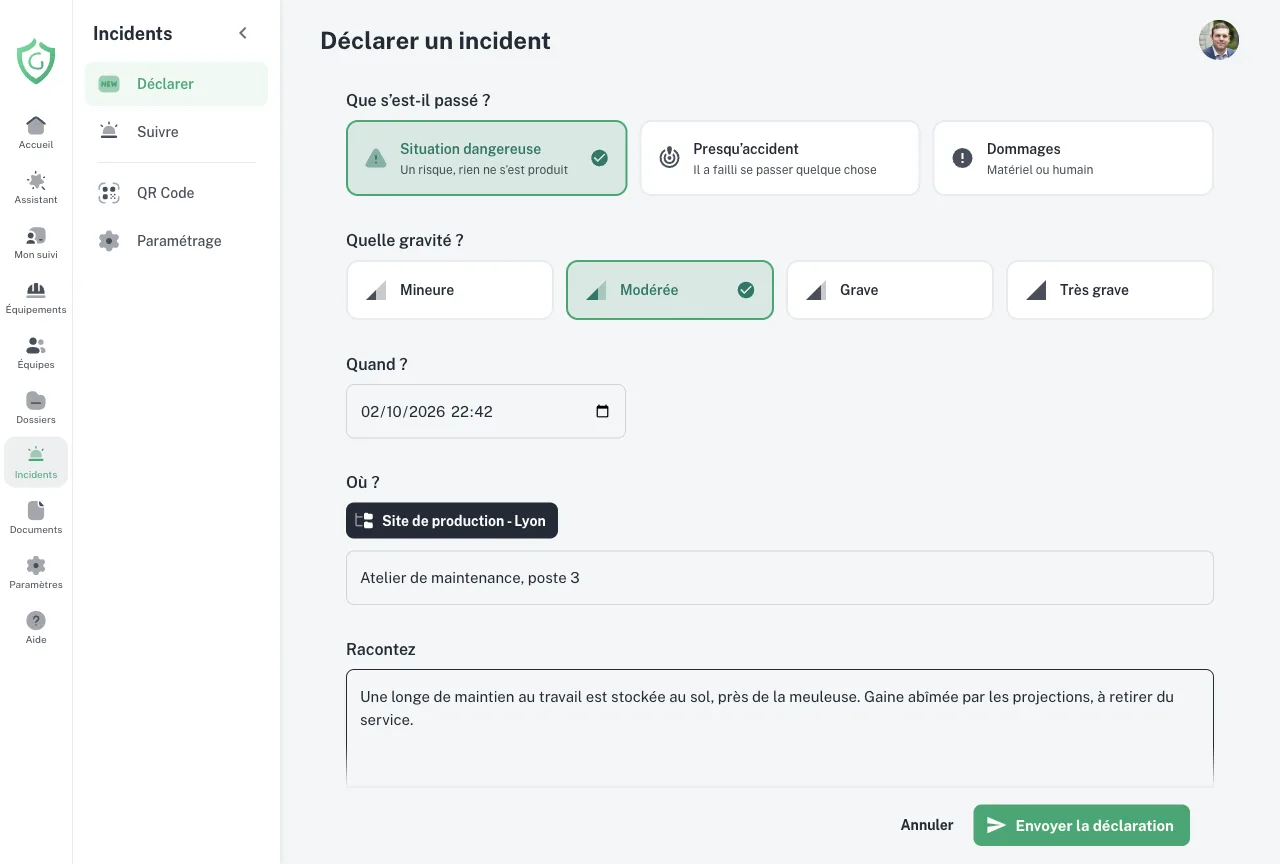Déclaration d’un incident dans GearTracker